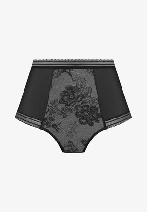 Zwarte hooggesneden slip met een bloemenkantpatroon, onde transparante zijkanten en decoratieve details met een golvende rand.