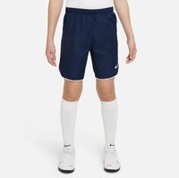 Marineblaues Sportshorts mit weißen Akzenten und einem Nike-Logo, aus leichtem Stoff gefertigt. Verfügt über einen elastischen Bund für zusätzlichen Komfort.