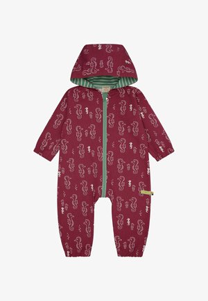 Bordeauxkleurig geheel pak met een zeepaardjespatroon, groene ritsluiting en gestreepte capuchonvoering. Zachte stof met gesloten manchetten en benen.
