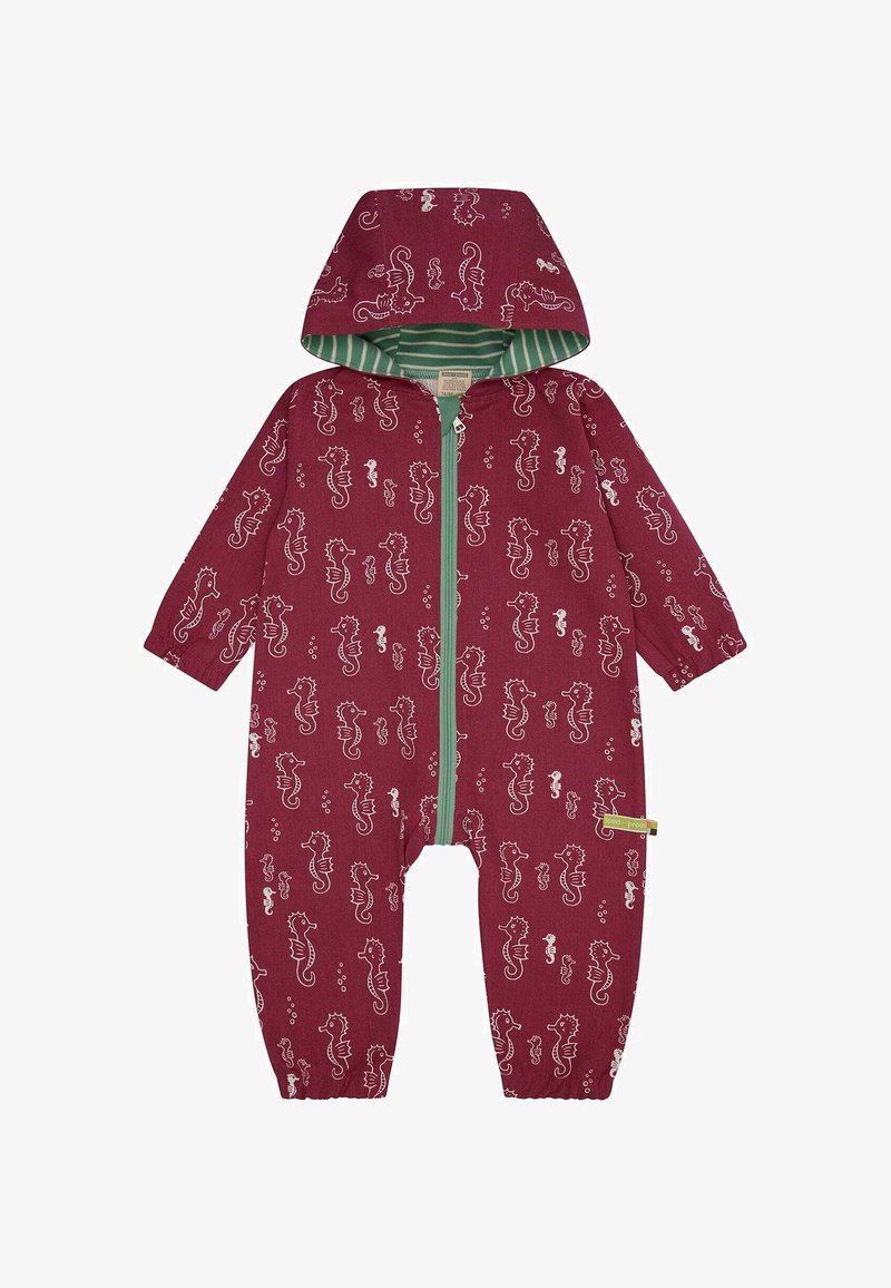 Burgunderfarbener Einteiler mit Seepferdchen-Muster, grünem Reißverschluss und gestreiftem Kapuzenfutter. Aus weichem Stoff mit geschlossenen Bündchen und Beinen.