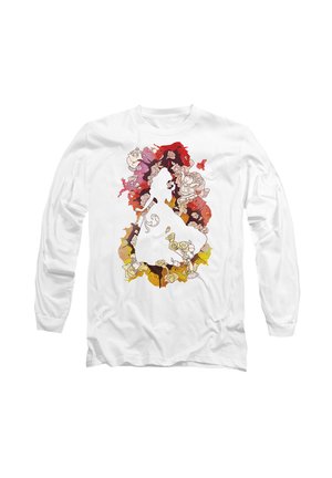White long-sleeve shirt featuring a colorful graphic design with intricate line art of characters and floral elements in red, orange, and yellow.