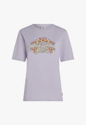 Lilac short-sleeve t-shirt featuring a floral graphic design in pink and green with "O'Neill Surf Co." text at the center. Soft cotton material.
