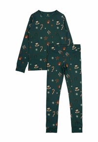 Grünes Pyjama-Set mit langen Ärmeln und Hose, das festliche Muster von Lebkuchen, Zuckerstangen und Schneeflocken zeigt. Hergestellt aus weichem Stoff.