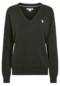 Pull en V vert foncé en tissu tricoté. Manches longues avec poignets et ourlet côtelés. Présente un petit logo blanc sur le côté gauche de la poitrine. Taille M.