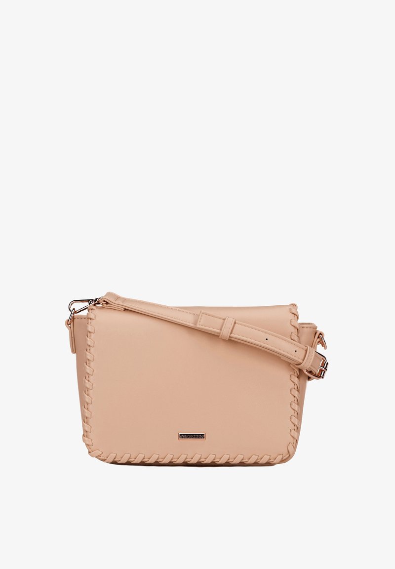 Borsa a tracolla in pelle beige con un accento intrecciato lungo i bordi, dotata di una tracolla regolabile e di una chiusura in metallo.