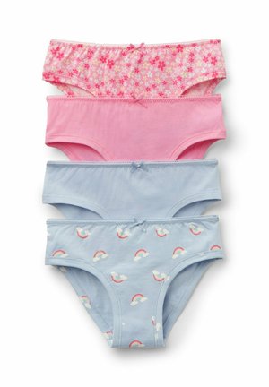 Cuatro bragas de algodón para niñas, dos rosas (una con flores, una lisa) y dos azules (una lisa, una con arcoíris y nubes), cada una con un pequeño lazo.