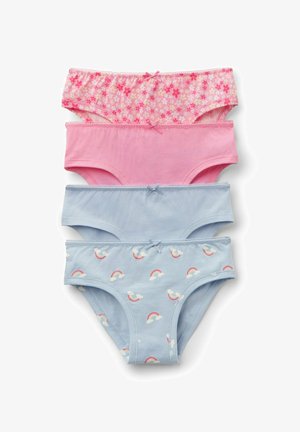 Cztery bawełniane figi dla dziewczynek, dwie różowe (jedne w kwiaty, jedne gładkie) i dwie niebieskie (jedne gładkie, jedne z tęczami i chmurami), każda z małą kokardką.