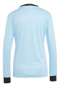 Sky blue long-sleeve shirt with a ribbed texture. Black accents at the collar and cuffs, featuring a simple, streamlined design.