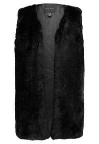 Schwarze Kunstfellweste mit einem offenen Design, die eine flauschige Textur und ein glattes Innenfutter aufweist. Keine sichtbaren Verschlüsse oder Verzierungen.
