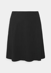 Falda negra hecha de una tela suave con un diseño acampanado. Presenta una textura simple y lisa, con un dobladillo redondeado sin adornos.