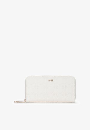 Portafoglio bianco con zip su tutto il giro, con motivo floreale geometrico in rilievo e logo V73 in tono oro sul davanti.