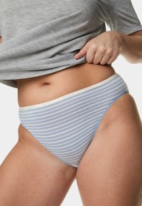Light blue striped brief with a soft elastic waistband featuring the text "BODY." Material appears smooth with a fitted design.
