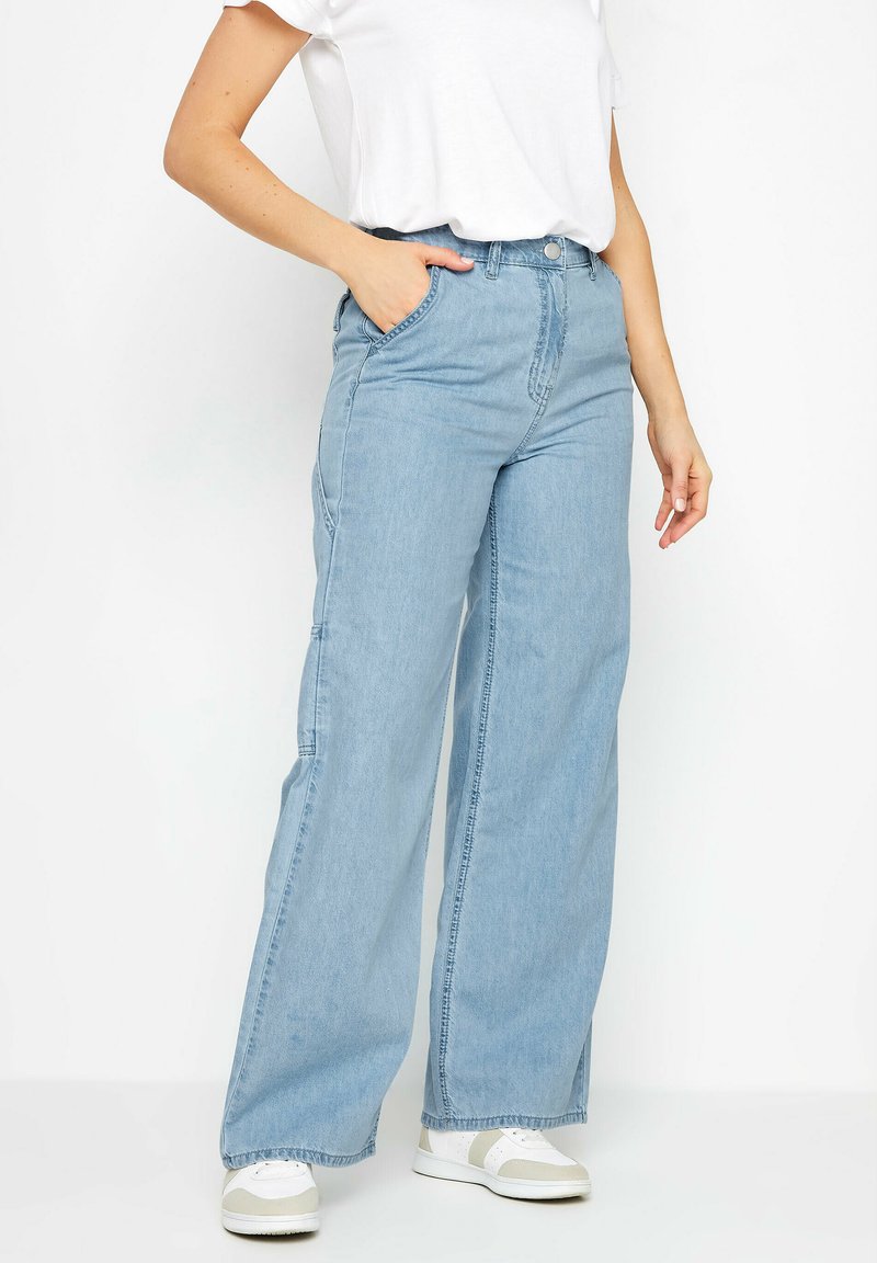 Jeans de mezclilla de pierna ancha en azul claro con bolsillos frontales y cierre de botón. Combinados con una camiseta blanca y zapatillas blancas.