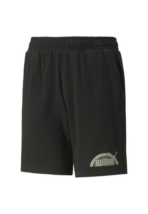 Czarne szorty z elastycznym pasem, bocznymi kieszeniami oraz odblaskowym srebrnym logo Puma na dolnej lewej nogawce.