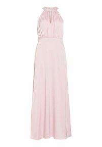 Šviesiai rožinė su kaklo raišteliais, su rakto skylutės kirpimu, suklostytu liemeniu ir lengvai krentančia, grindų ilgio suknele. Lygus, lengvas audinys.