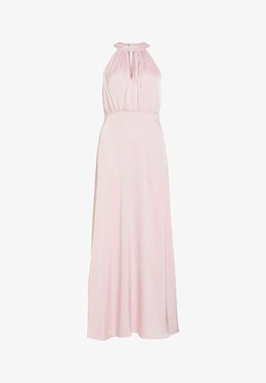 Bledo ružičasta haljina s vratnim dijelom na vezanje, izrezom u obliku ključa, nabrana gornjeg dijela i lepršavog, do poda dugačkog kroja. Glatki, lagani materijal.