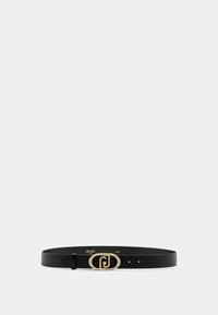 Cintura in pelle nera con fibbia ovale dorata decorata con strass trasparenti. Texture liscia con fori regolabili per la misura.