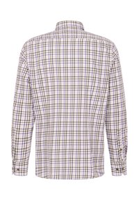 Herren Langarmhemd im Karomuster aus Lila, Braun und Weiß. Verfügt über eine knöpfbare Manschette und einen klassischen Kragen.