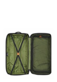 Maleta verde con un zipper negro, interior texturizado y correas en forma de cruz para asegurar los objetos. Incluye un pequeño bolsillo de malla con un zipper naranja.