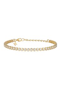 Gold bracelet with round clear gemstones in bezel settings and a lobster clasp with adjustable chain link extender.