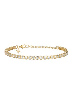 Gold bracelet with round clear gemstones in bezel settings and a lobster clasp with adjustable chain link extender.