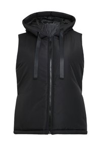 Black padded vest with a hood, featuring a front zipper, adjustable drawstrings, and smooth texture. Sleek, simple design with no patterns.
