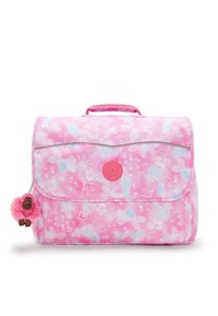 Lyserød taske med blomster- og sommerfuglm�ønstre, blankfinish, fold-over låg, et cirkulært logo og en sød lyserød fluffy abe nøglering.