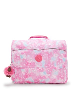 Borsa rosa con motivi floreali e farfalle, finitura lucida, patta pieghevole, un logo circolare e un simpatico portachiavi a forma di scimmietta rosa e fluffy.