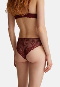 Bordeaux lace onderbroek met bloemenpatroon, doorzichtige mesh delen en gekartelde randen. Zachte textuur en aansluitend ontwerp, weergegeven vanuit een achteraanzicht.