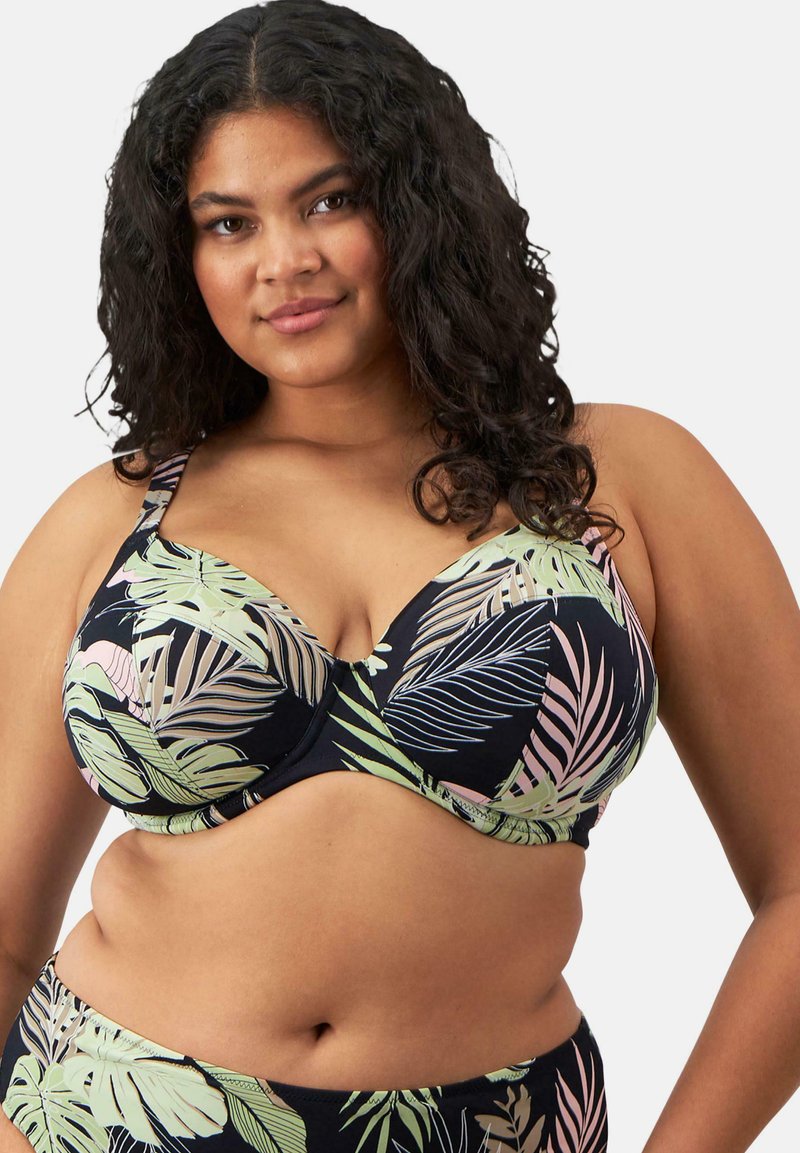 Zwarte bikini-top met een tropisch bladerenpatroon in lichtgroen en roze. Zacht materiaal met onderbeugelondersteuning en verstelbare bandjes.