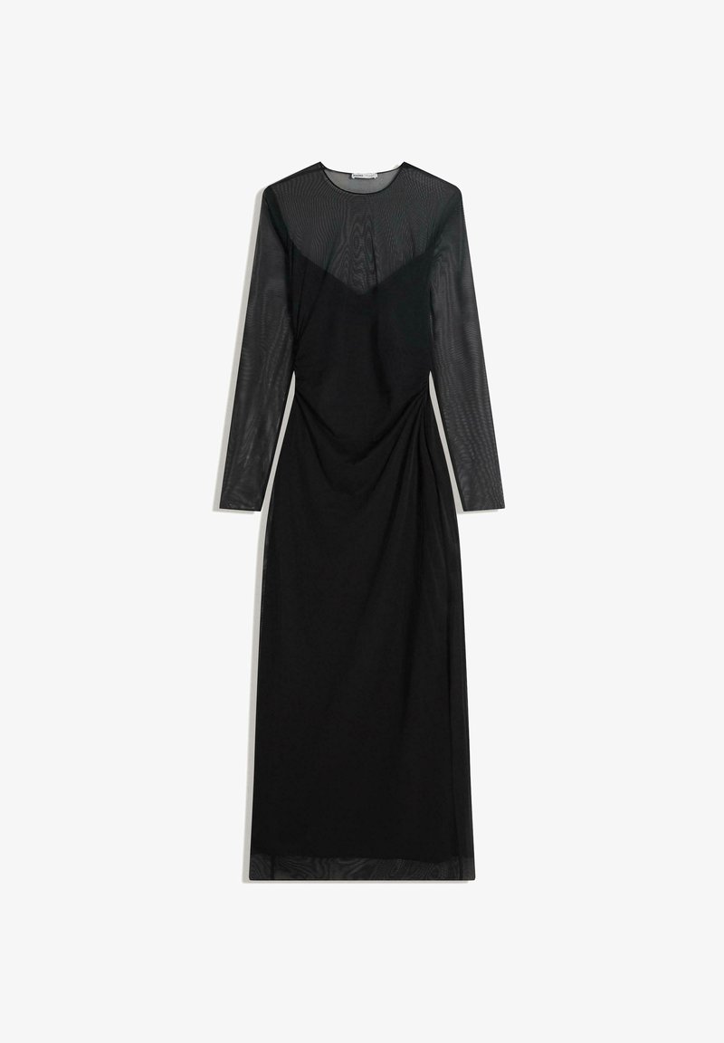 Schwarzes Kleid mit langen, durchsichtigen Netzärmeln, einer taillierten Passform und einem drapierten Design. Glatte Textur mit klassischem Rundhalsausschnitt.