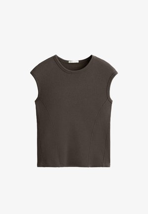Tmavě hnědý top bez rukávů s kulatým výstřihem, žebrovanou texturou a panelovými detaily po stranách. Hladký lem na spodní části.