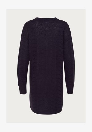 Maglione lungo di un blu navy scuro, lavorato a maglia, con un motivo a zigzag testurizzato e polsini a coste. Collo a girocollo, lunghezza media e vestibilità leggermente ampia.