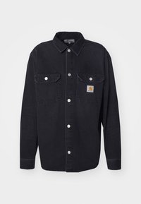 Black denim shirt with long sleeves, a front button placket, two chest pockets, and a small logo patch on the left pocket.