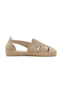 Beige Wildleder-ESPADRILLES mit offenen Ausschnitten, juteummantelter Sohle und flachem Absatz. Verfügt über ein lässiges, atmungsaktives Design.