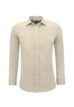 Beige overhemd met lange mouwen, knoopsluiting, kraag, standaard manchetten en subtiel geborduurd logo op de linkerborst.