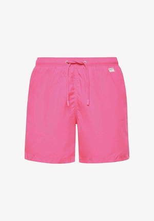 Pantalones cortos de baño rosa brillante con cintura elástica, cordón frontal y pequeña etiqueta de marca blanca en el lado derecho.