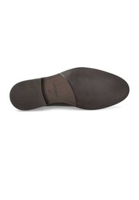 Czarna skórzana podeszwa buta o gładkiej fakturze, zaokrąglonym kształcie i subtelnym oznaczeniu logo. Trwała gumowa zewnętrzna część zapewnia przyczepność.