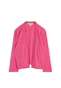 Fuchsiový růžový cardigan vyrobený z měkké tkaniny, s otevřeným předním dílem, dlouhými rukávy a žebrovanými akcenty na límci a lemu.