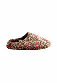 Leopard print slipper with pink flower accents, soft fabric exterior, rounded toe, and cushioned sole for comfort.