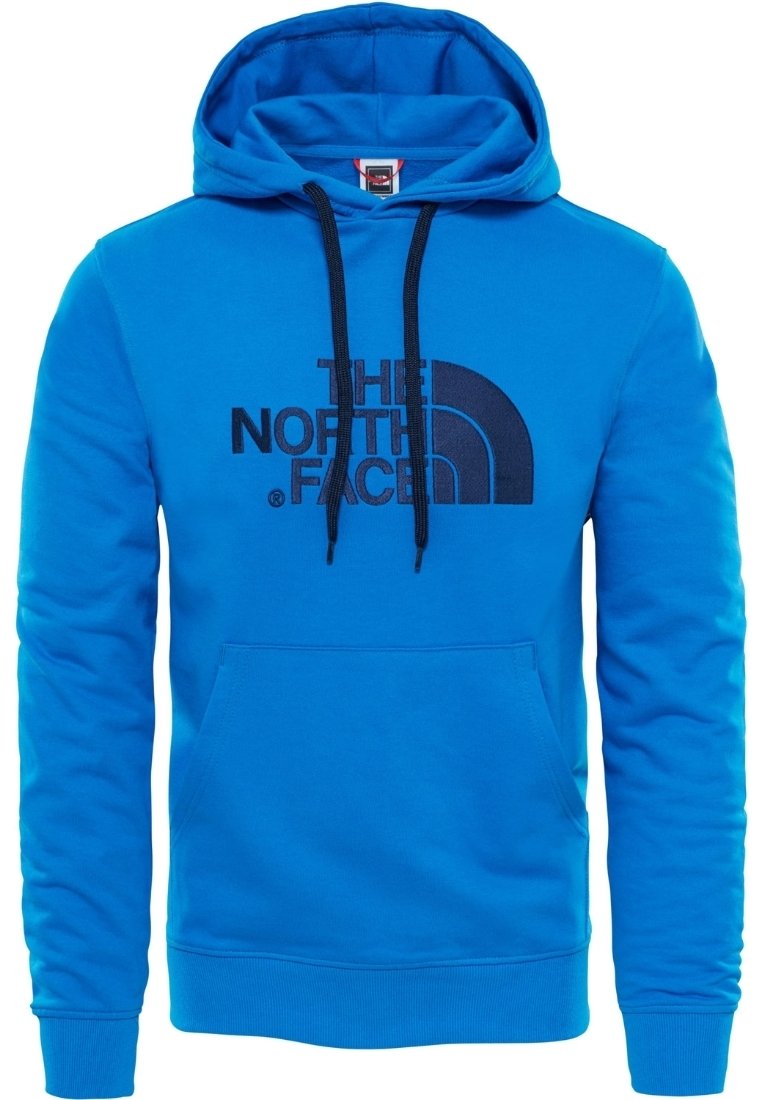 Sudadera azul hecha de tela suave, con un bolsillo frontal, capucha con cordón y un logo negro de "The North Face" en el pecho.