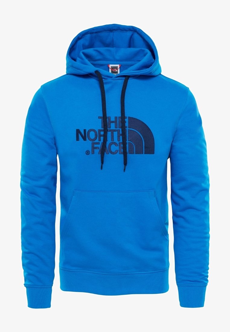 Sudadera azul hecha de tela suave, con un bolsillo frontal, capucha con cordón y un logo negro de "The North Face" en el pecho.