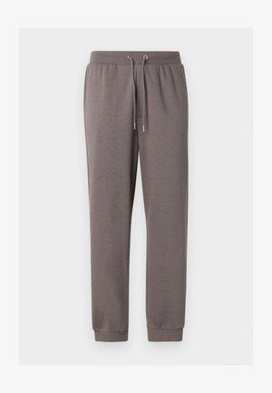 Grå bomulds joggingbukser med elastisk taljebånd, snøre, sidelommer og ribstrikkede manchetter ved anklerne. Glat tekstur og afslappet pasform.