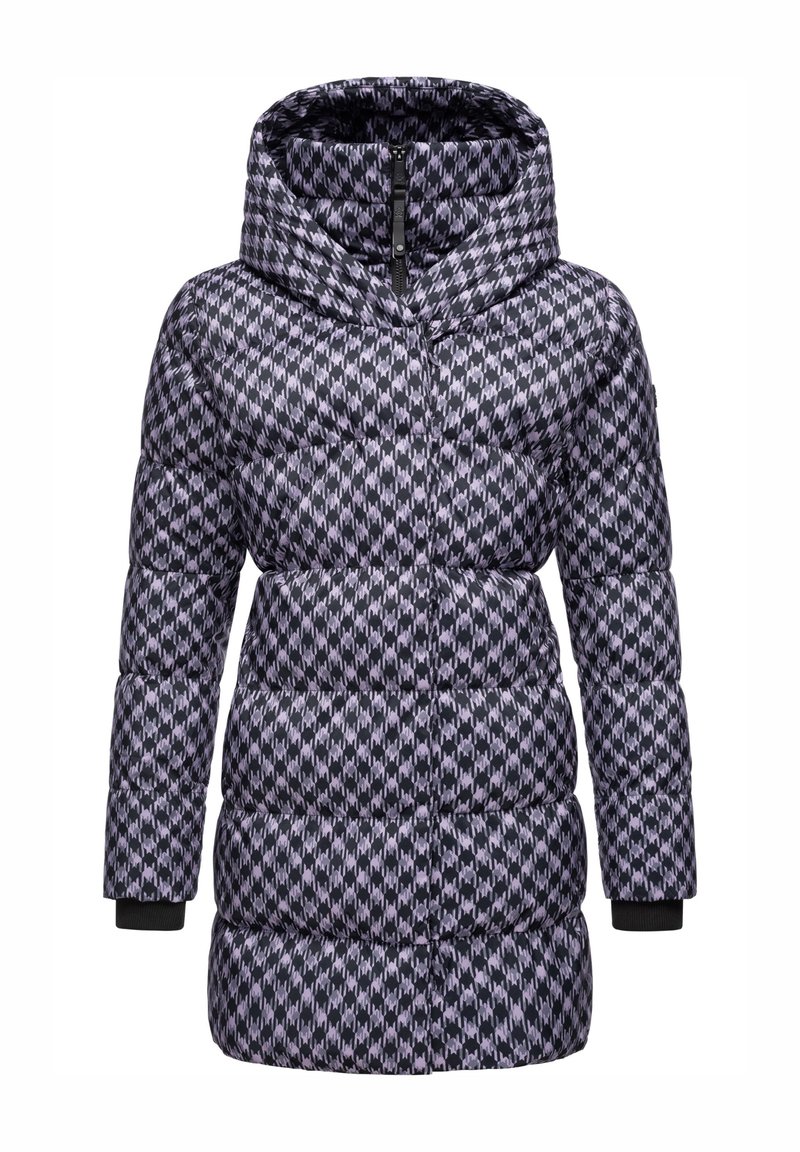 Abrigo de invierno acolchado en patrón de espiga en negro y gris. Presenta un alto cuello, cierre con cremallera y puños ajustados para calidez y comodidad.