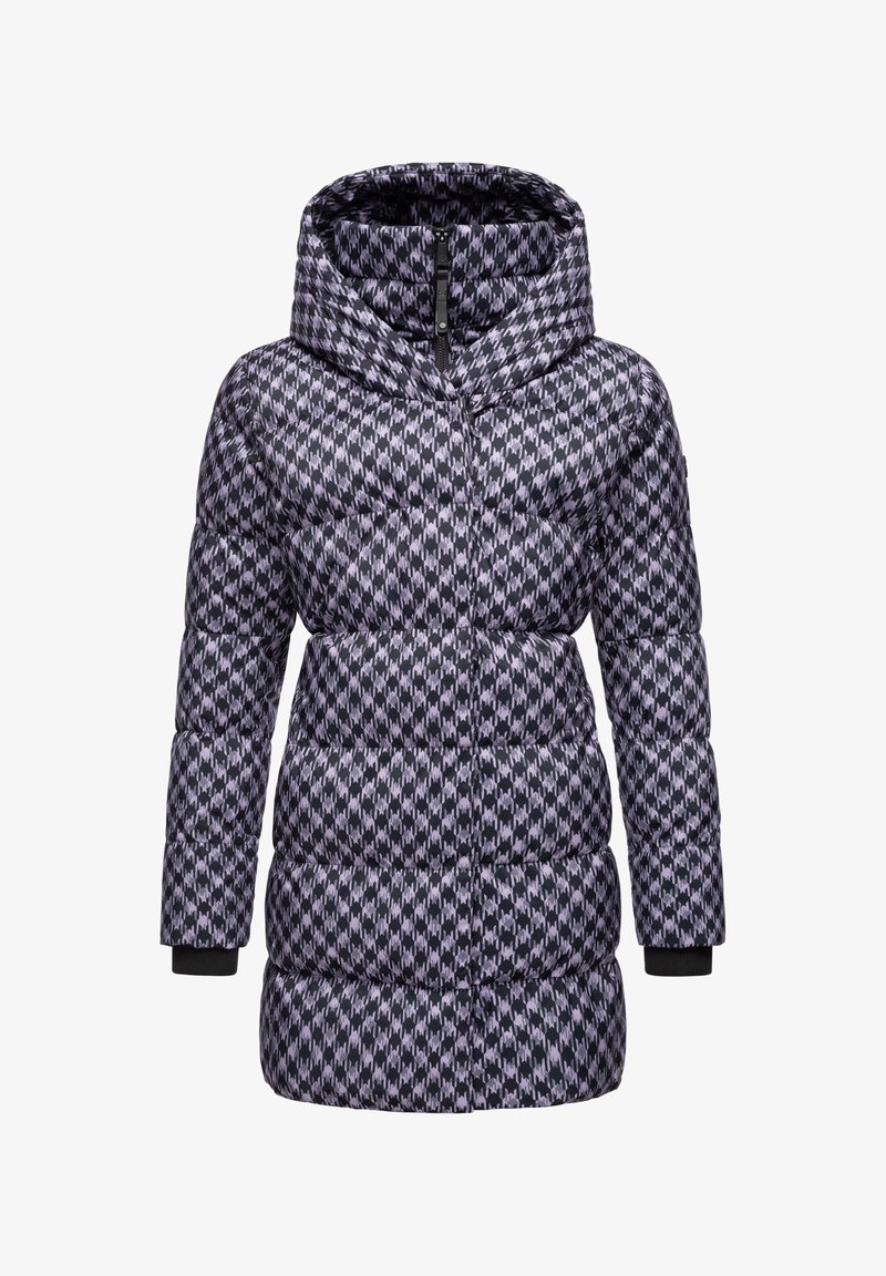 Padded zimní kabát v černobílém houndstooth vzoru. Obsahuje vysoký límec, zipové zapínání a přiléhavé manžety pro teplo a pohodlí.