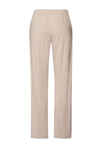 Beige, lichte, rechte broek met een elastische tailleband. Gemaakt van zachte, gestructureerde stof, zonder zichtbare zakken of patronen.