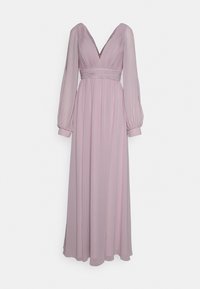Robe longue et fluide en tissu lavande doux. Elle présente un profond décolleté en V, un corsage plissé, et de longues manches bouffantes avec des poignets élastiques.