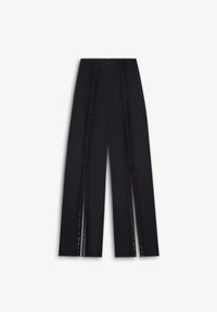 Zwarte wijde broek met verticale kanten inzetten, met een gladde textuur en een verborgen ritssluiting aan de achterkant.
