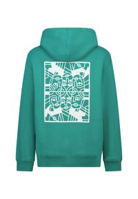 Haut à capuche teal avec un grand design graphique blanc de visages stylisés et de motifs géométriques au dos. Tissu doux avec une coupe décontractée.