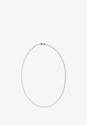 Ezüst lánc nyaklánc kis, kerek gyűrűkkel. Simább textúra, fényes felület és kapcsos záródás. Minimalista dizájn kiegészítők nélkül.